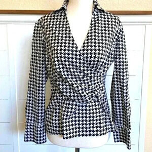 TALBOTS‎ Houndstooth Style Print Faux Wrap Top Blouse Sz 4 Black/White Classic